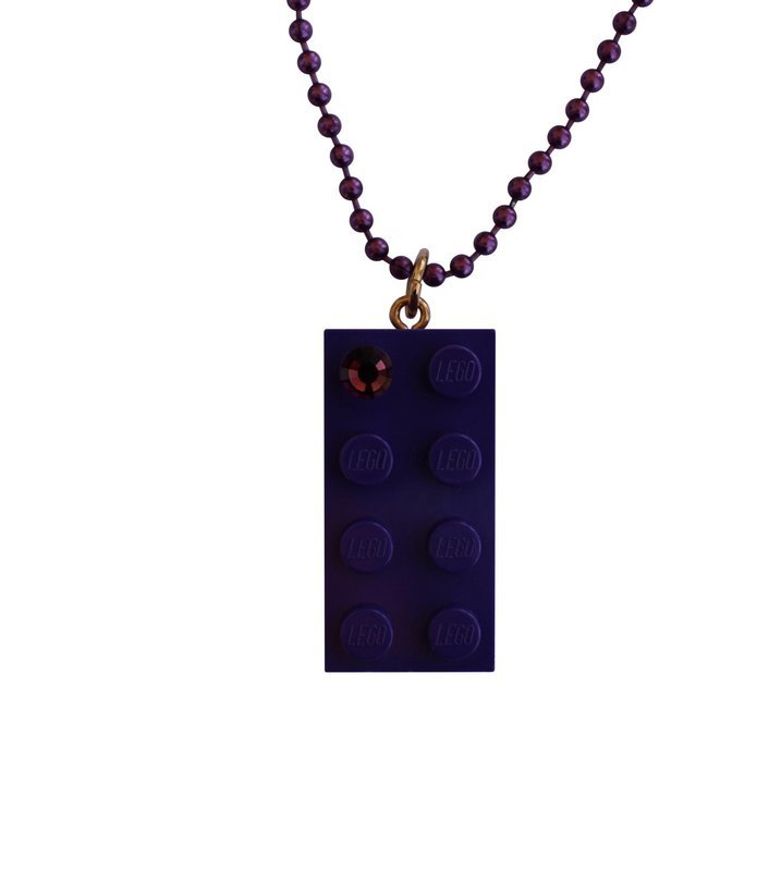 Purple LEGO® brick 2x4 with a Purple color SWAROVSKI® crystal on a 24&quot; Purple ballchain