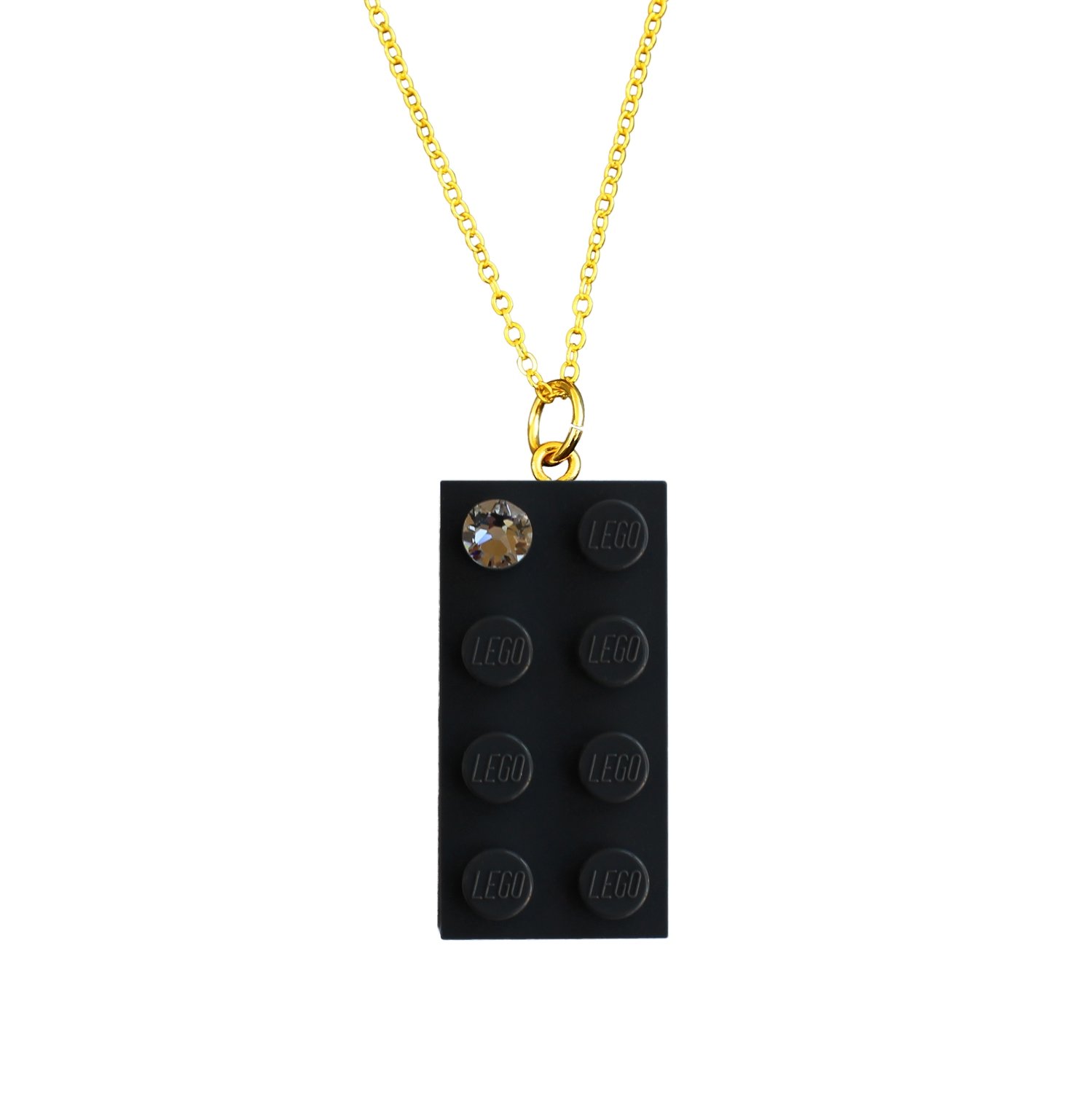 Gray LEGO® brick 2x4 with a ‘Diamond’ color SWAROVSKI® crystal on a Gold plated trace chain (18" or 24")