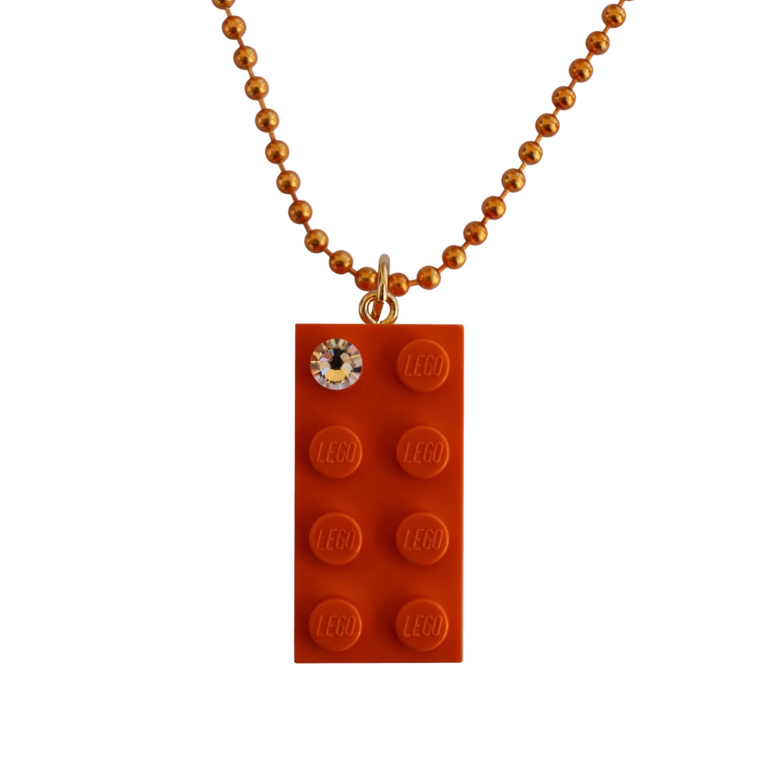 Orange LEGO® brick 2x4 with a ‘Diamond’ color SWAROVSKI® crystal on a 24" Orange ballchain