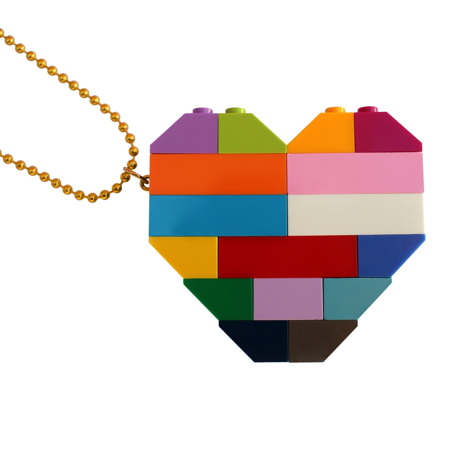 ​​Collectible heart pendant (Double thickness) Model 5 - made from LEGO® bricks on a 24" Gold plated ballchain - COLORFUL