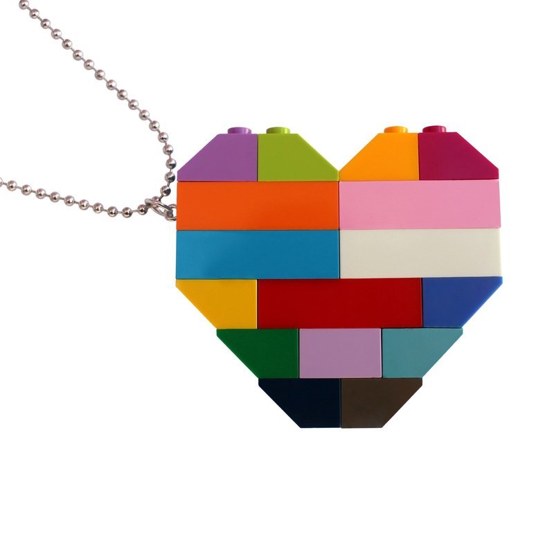 ​​Collectible heart pendant (Double thickness) Model 5 - made from LEGO® bricks on a 24&quot; Silver plated ballchain - COLORFUL