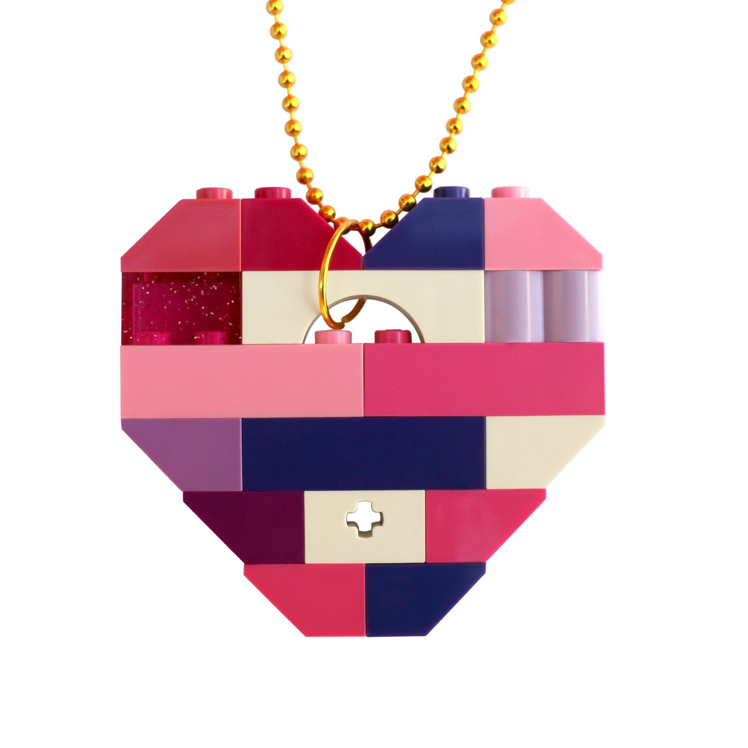 ​Collectible heart pendant (Single thickness) Model 10 - made from LEGO® bricks on a 24" Gold plated ballchain - KAWAII PINK & PURPLE