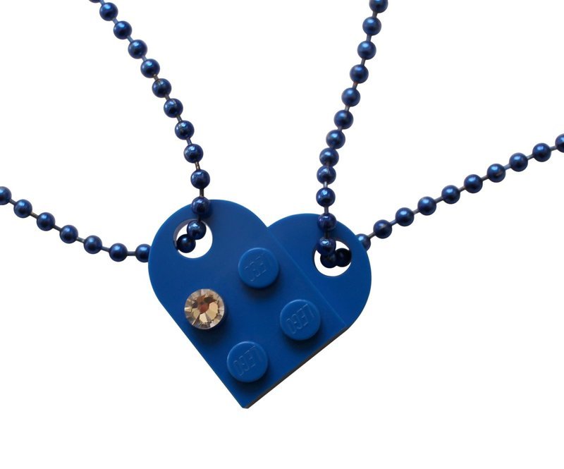 Dark Blue 2 piece customizable LEGO® heart made from 2 LEGO® plates with a 'Diamond' color SWAROVSKI® crystal on 2 Blue ballchains