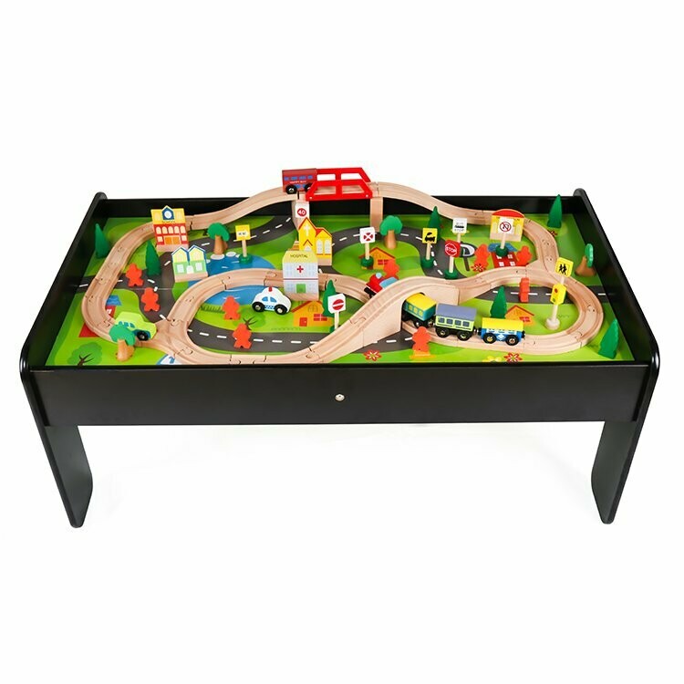 Table circuit train en bois 90 pièces WOODoudou - noir, 98x56x40cm, retrait magasin 1h, livraison sous 24/48h