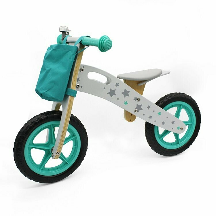 Draisienne en bois turquoise étoiles - Vélo d'équilibre avec sonnette et sacoche WOODoudou, livraison sous 24/48h