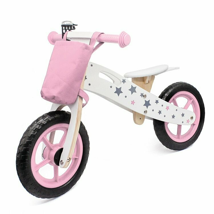 Draisienne en bois rose étoiles - Vélo d'équilibre avec sonnette et sacoche WOODoudou, livraison sous 24/48Hh