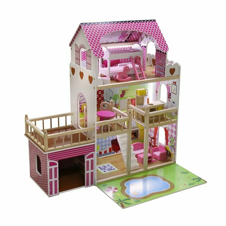 Maison de poupées lumineuse avec garage 90 x 30 x 90 cm, retrait magasin 1h, livraison sous 24/48h