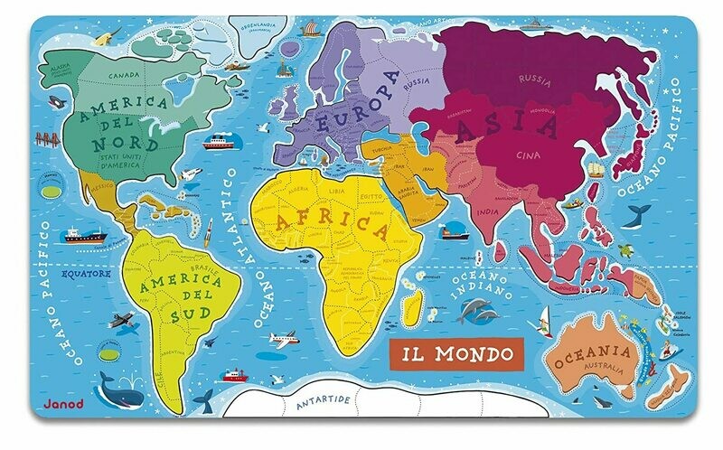 Janod - J05513 - Puzzle Monde Magnétique - Version italienne (bois), livraison sous 5 jours