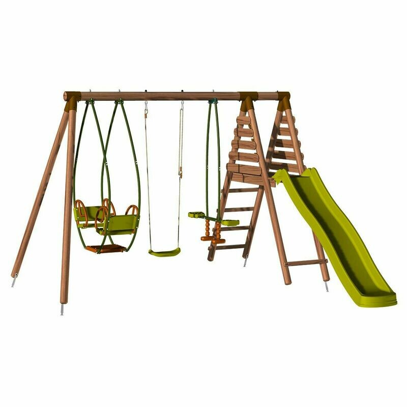 Portique en bois avec balançoire balancelle et toboggan - Nigel, livraison à domicile sous 15 jours