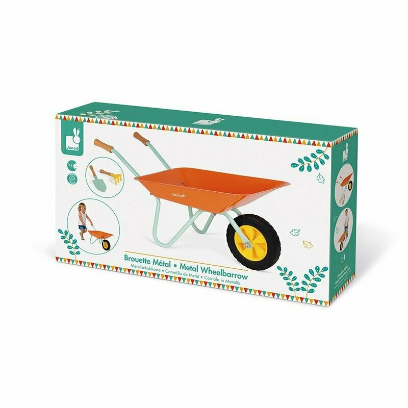 Brouette métal Happy Garden Janod + une pelle et un râteau, livraison sous 7 jours