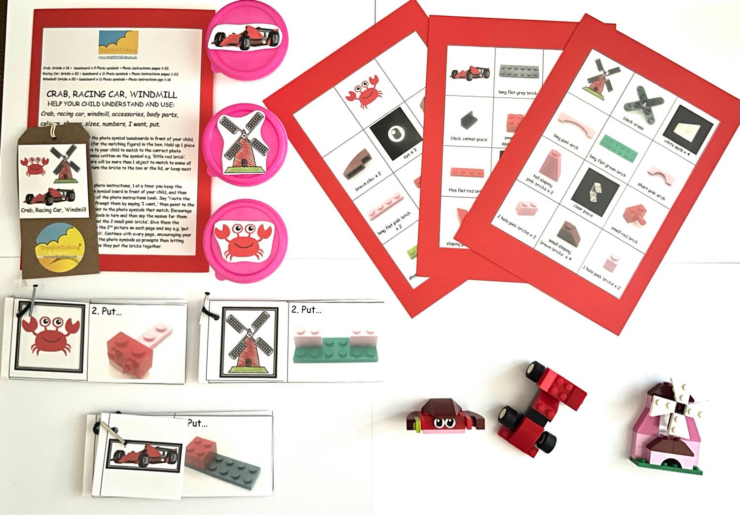 Build 3 Red Models: Car, Crab And Windmill (Small Bricks Building Set)