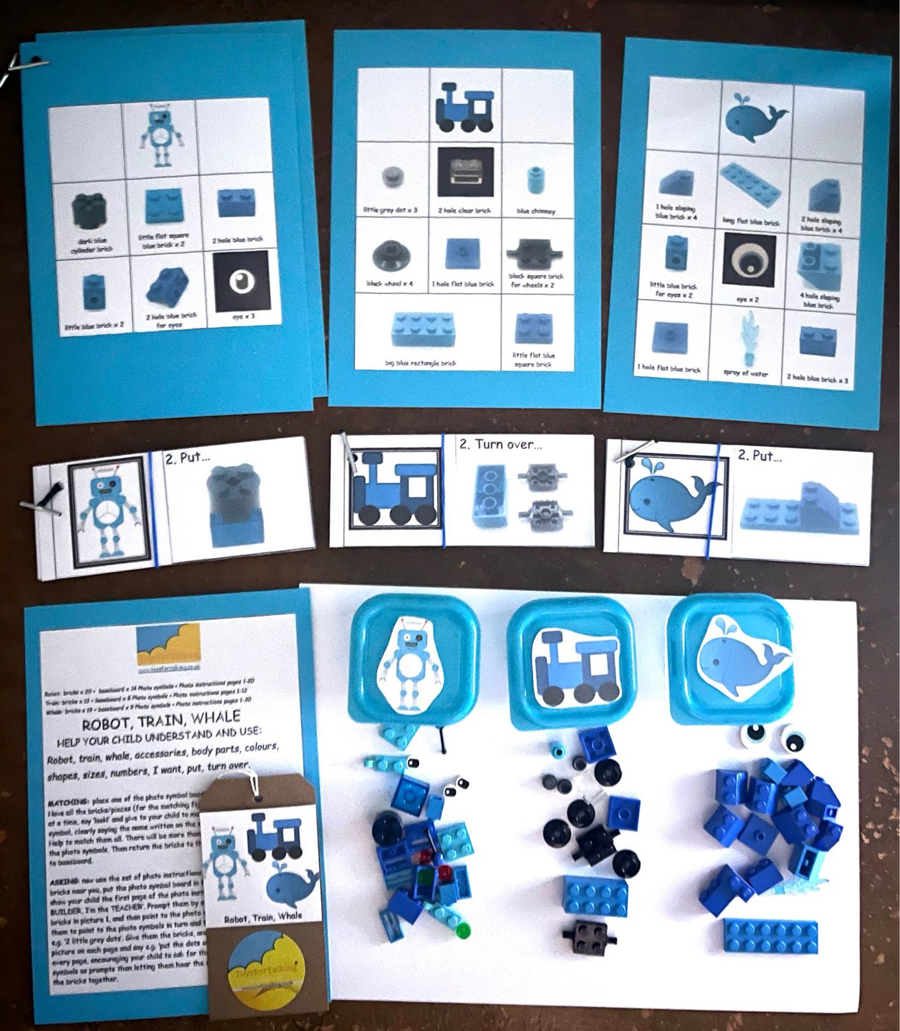 Build 3 Blue Models: Robot, Train and Whale (Small Bricks Building Set)