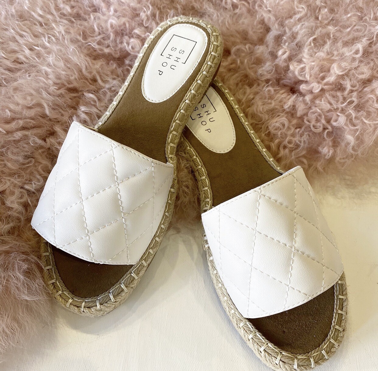 tan quilted slides