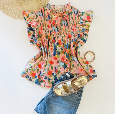 Watercolor Florals And Frill Top
