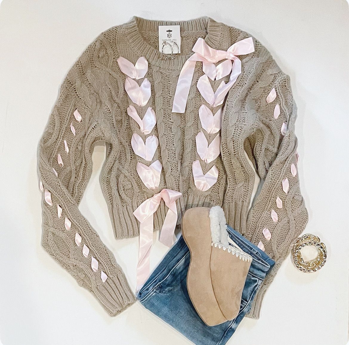 Satin Bows Taupe Sweater