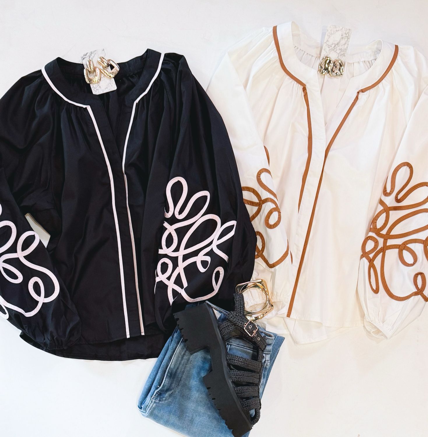 Wild West Embroidered Blouse (Ivory/Camel)