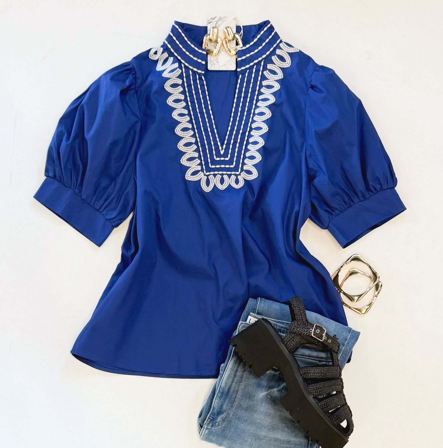 Indigo Embroidered Top