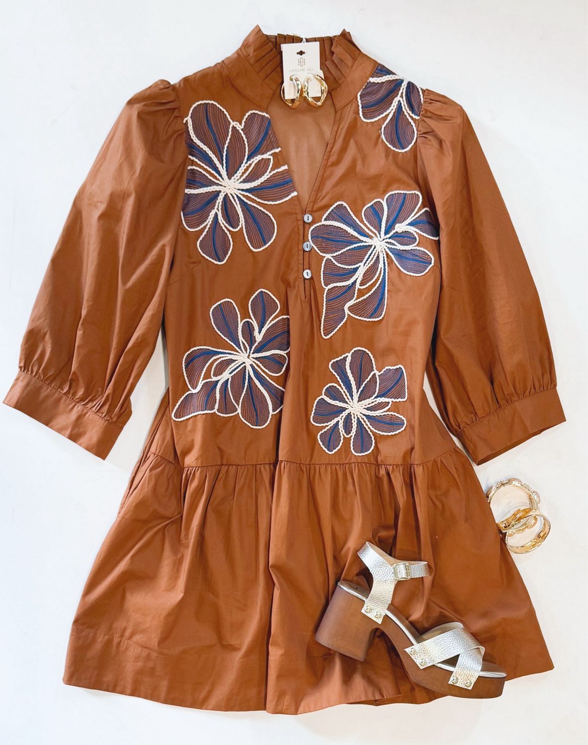Caramel And Navy Embroidered Dress