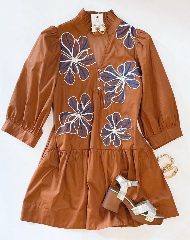 Caramel And Navy Embroidered Dress