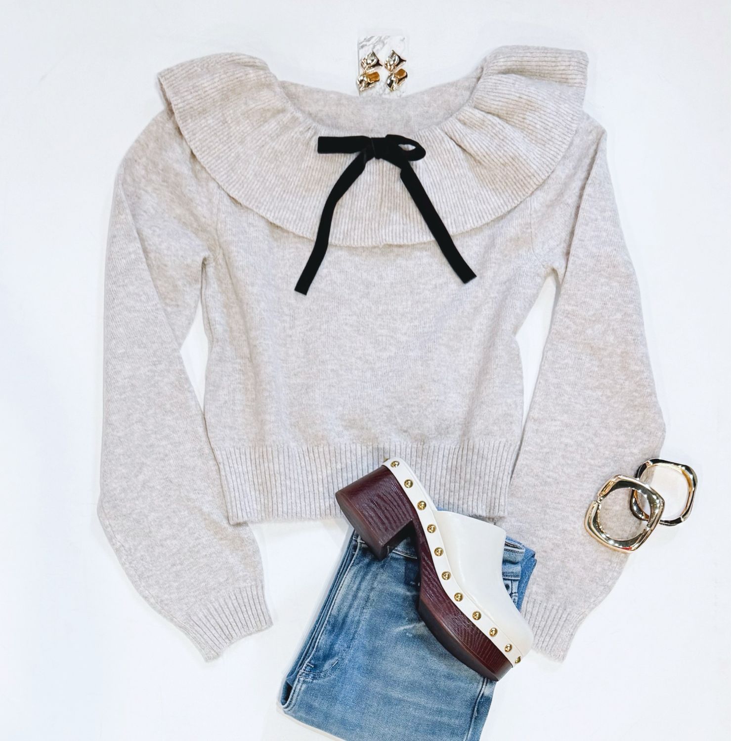 Velveteen Bow Ruffle Sweater