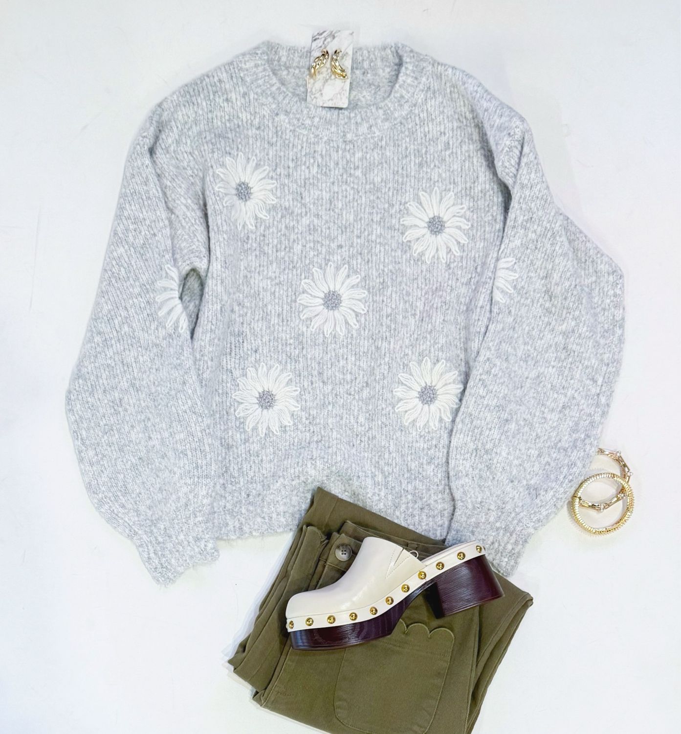 Heather Stitched Daisy Sweater