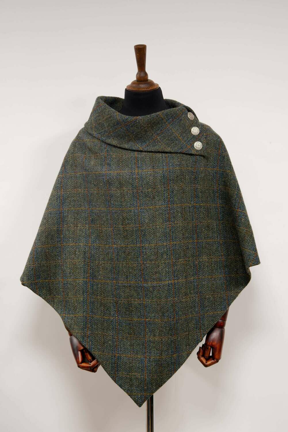Harris Tweed Ladies Celtic Cape | Green Herringbone With Overcheck