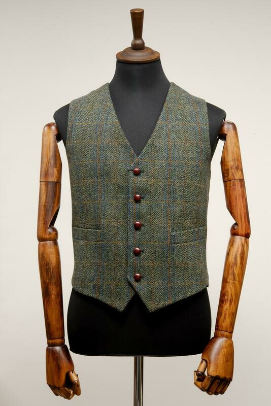Harris Tweed Mens Waistcoat  | Green Herringbone With Overcheck