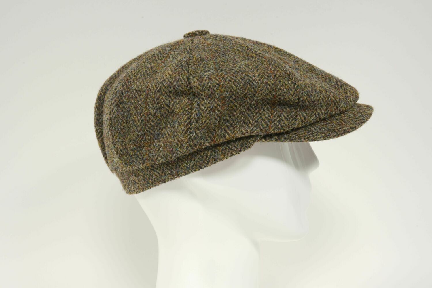 Harris Tweed 8 Piece Flat Cap | Brown Herringbone with Overcheck HH Scott Newsboy