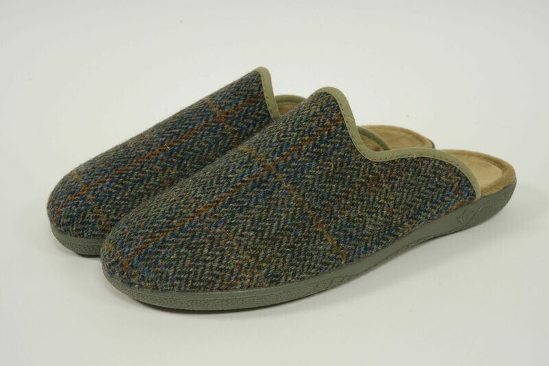 Harris Tweed Gents Slippers | Green Herringbone With Overcheck