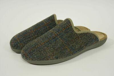 Harris Tweed Gents Slippers | Green Herringbone With Overcheck