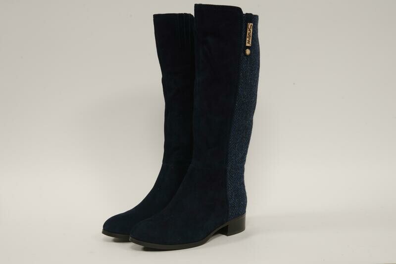 Harris Tweed Knee High Boots | Navy Herringbone