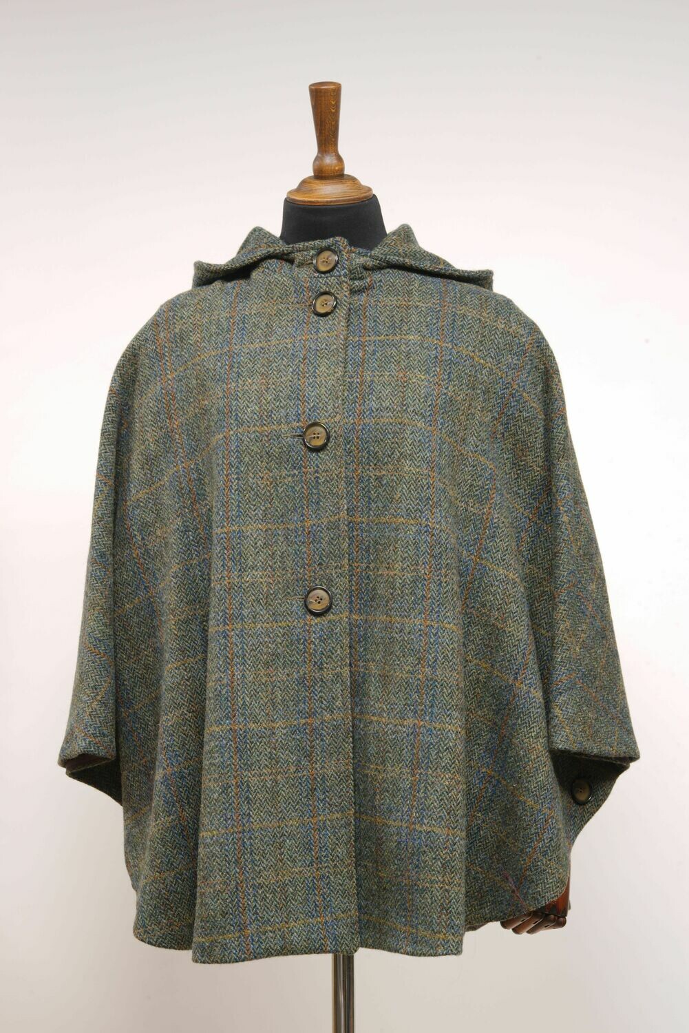 Harris Tweed Ladies Hooded Cape Green Herringbone With Overcheck
