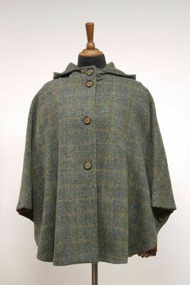 Harris Tweed Ladies Hooded Cape | Green Herringbone With Overcheck