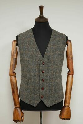 Harris Tweed Mens Waistcoat | Grey Herringbone With Overcheck (Plain Lining)