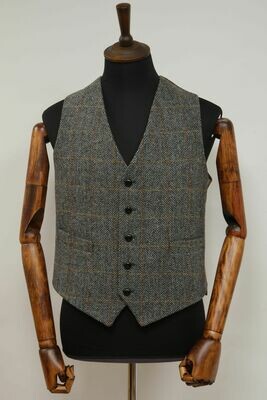 Harris Tweed Mens Waistcoat  | Grey Herringbone With Overcheck (Black Leather Buttons)