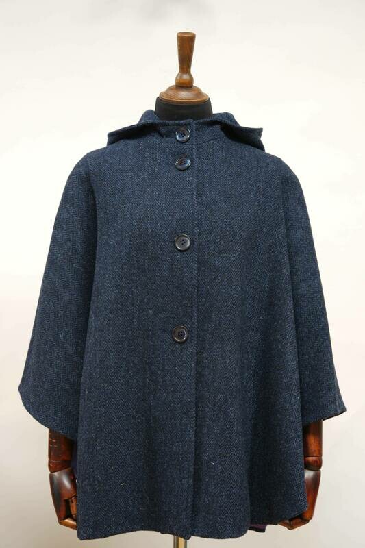 Harris Tweed Ladies Hooded Cape | Navy Herringbone
