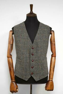 Harris Tweed Mens Waistcoat  | Grey Herringbone With Overcheck (Brown Leather Buttons)