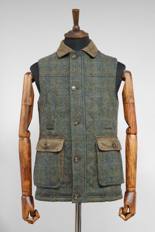Harris Tweed Chuck Country Gilet | Green Herringbone With Overcheck