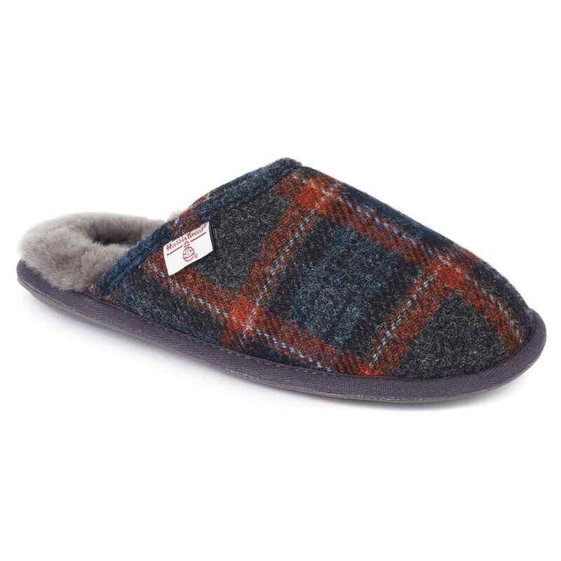 Harris Tweed William Slippers | Grey/Orange Tartan Check