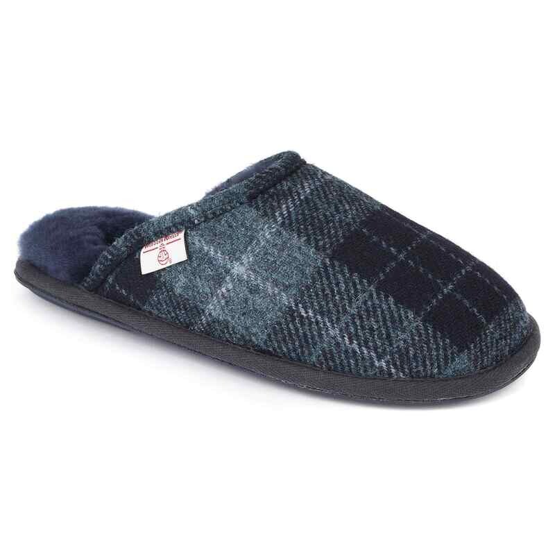 Harris Tweed William Slippers | Navy/Denim Tartan Check