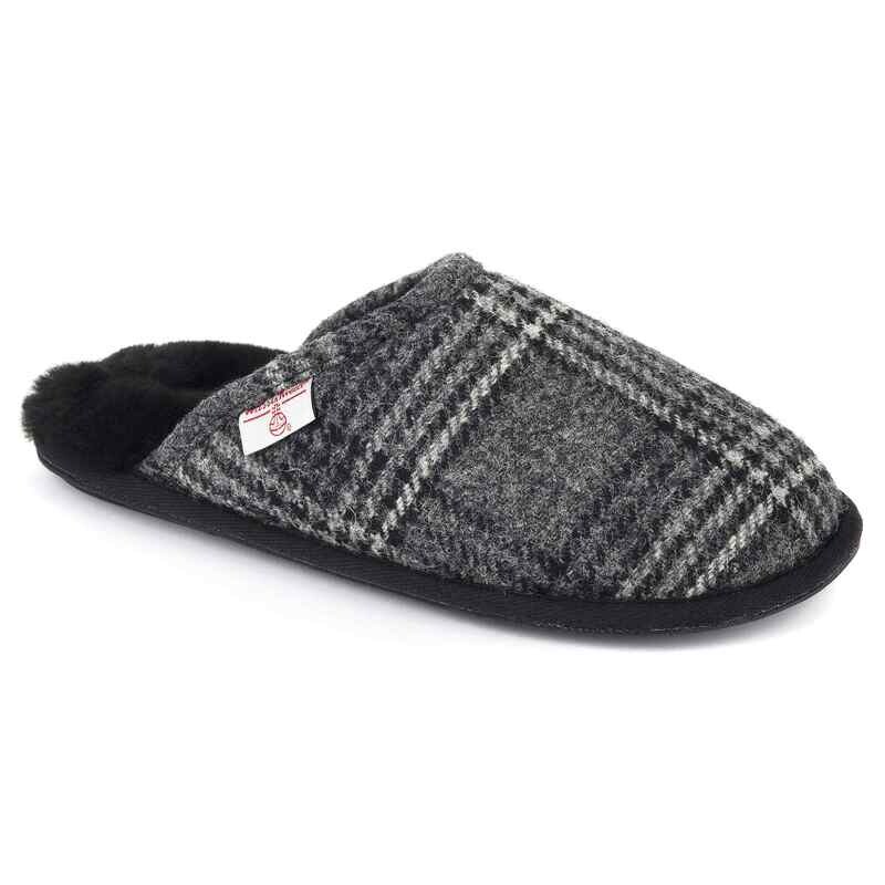 Harris Tweed William Slippers | Grey/Black Tartan Check