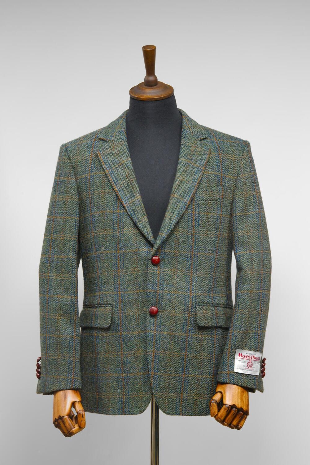 Harris Tweed Mens Jacket | Green Herringbone With Overcheck