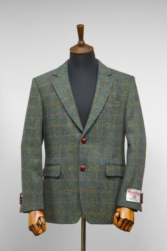 Harris Tweed Mens Jacket Green Herringbone With Overcheck