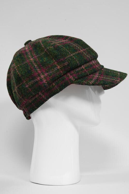 Harris Tweed Baker Boy Hat | Green/Plum Check (GA)