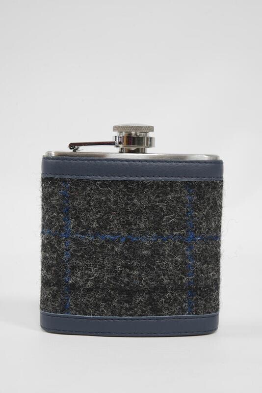 Harris Tweed Hip Flask | Grey Windowpane (Navy Leather)