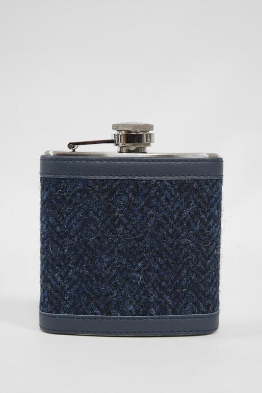 Harris Tweed Hip Flask | HB104 (Navy Leather)