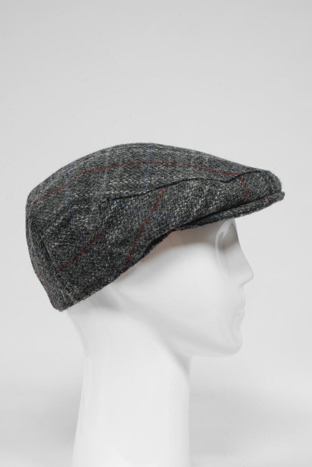 Harris Tweed Flat Cap | Grey w/Red Overcheck (GA)