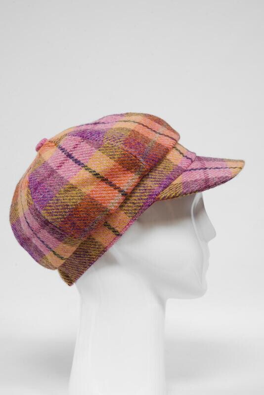 Harris Tweed Baker Boy Hat | Peach/Purple Check (GA)