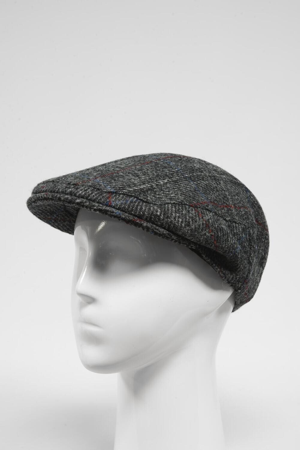 Harris Tweed Flat Cap | Grey Herringbone With Red Overcheck (HW)