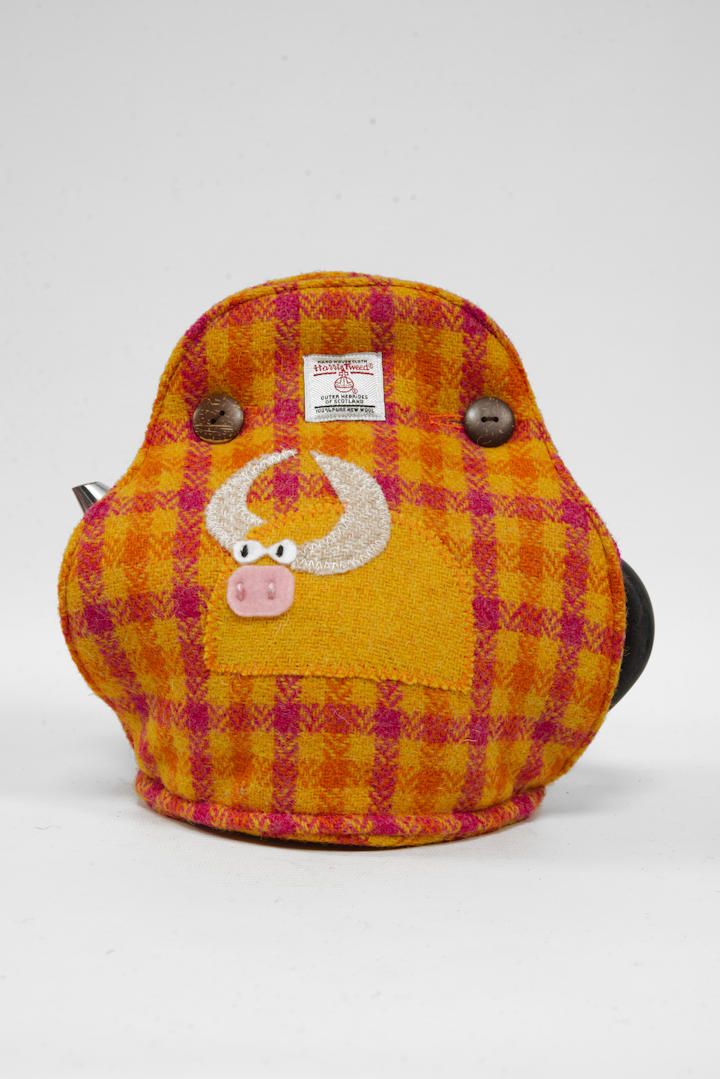 Harris Tweed Tea Cosy Yellow With Pink Check Cow
